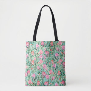 Rosa blommor, sage grönt, sömlös. tygkasse