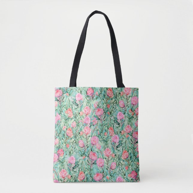 Rosa blommor, sage grönt, sömlös. tygkasse (Framsida)