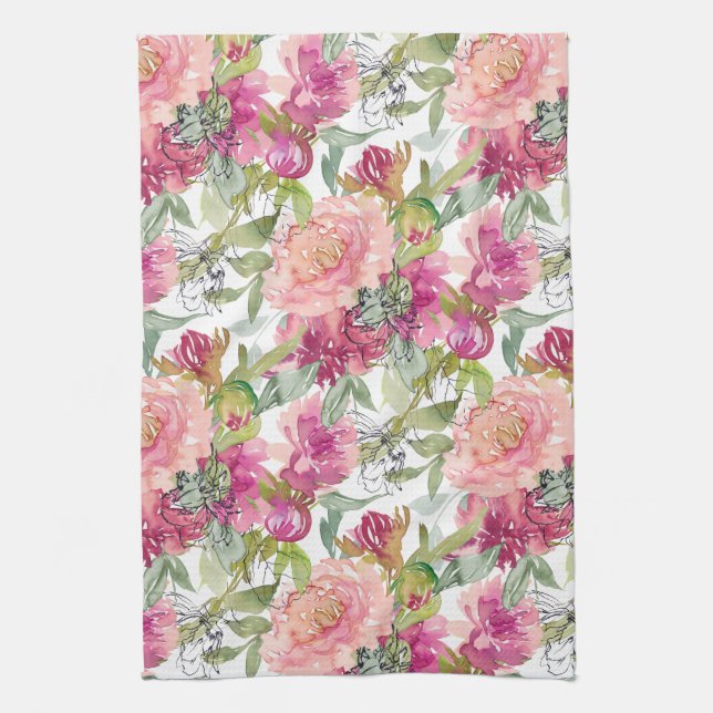 Rosa Blommor Salvia Gröna Blad Kökshandduk (Vertikal)