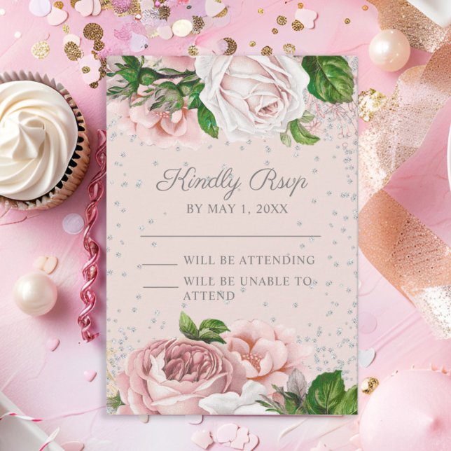 Rosa blommor silver glitter OSA kort (Blush pink roses and silver glitter Sweet 16 RSVP)