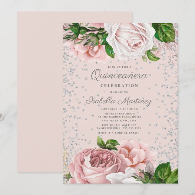 Rosa blommor silver glitter Quinceañera Inbjudningar (Fram/baksida)