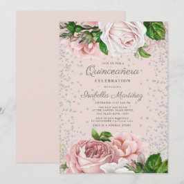 Rosa blommor silver glitter Quinceañera Inbjudningar
