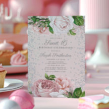 Rosa blommor silver glitter Sweet 16