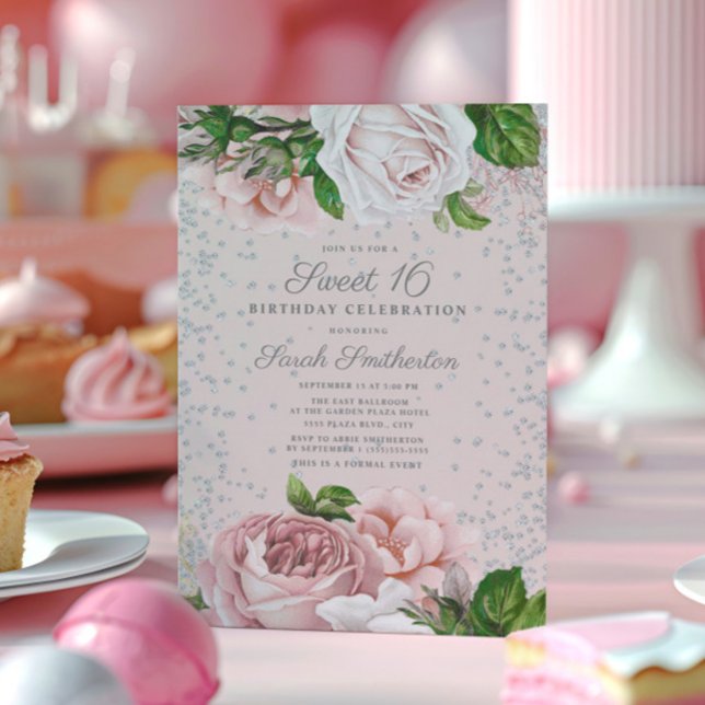 Rosa blommor silver glitter Sweet 16 Inbjudningar (Blush pink roses and silver glitter Sweet 16 invitation)