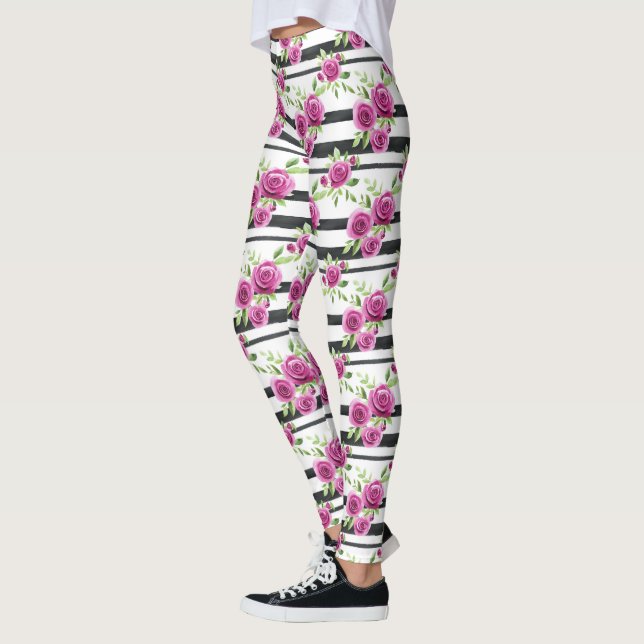 Rosa blommor svarta ränder   leggings (Vänster)