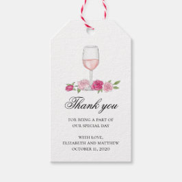 Rosa blommor tack. Vin glas. Rosor bröllop Presentetikett