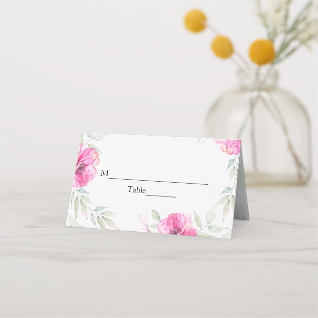 Rosa blommor vattenfärg botanisk bröllopsdusch placeringskort (Framsida)