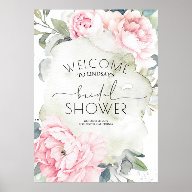 Rosa blommor vintage vattenfärg bröllopsdusch poster (Framsidan)