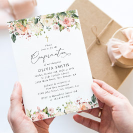 Rosa blommor, Vita blommor, Blommig konfirmation Inbjudningar