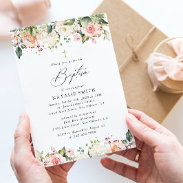Rosa blommor, Vita blommor, Boho, Blommig dop Inbjudningar