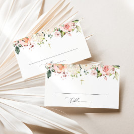 Rosa blommor, Vita blommor, Boho, Blommig dop Placeringskort