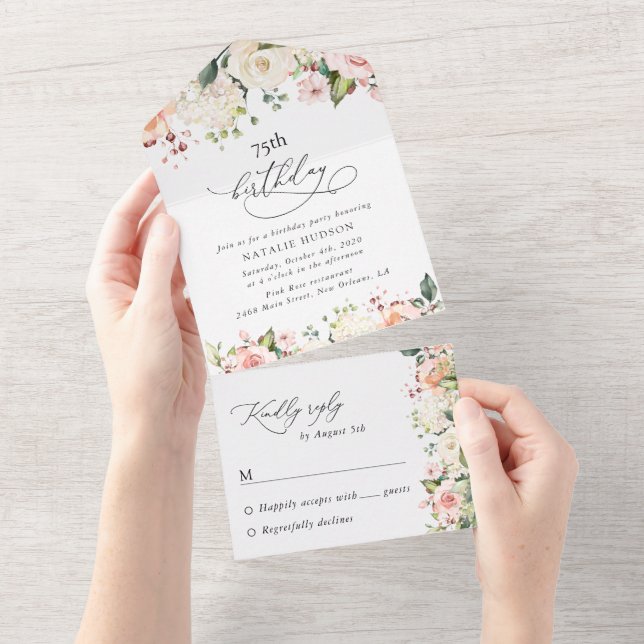 Rosa blommor, vita blommor, Boho, födelsedag (Avrivbar del)