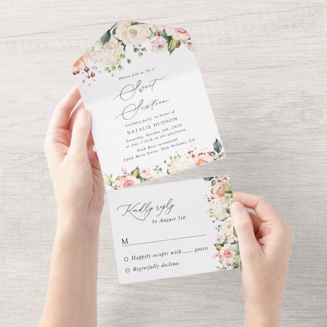 Rosa blommor, vita blommor, Boho, Sweet 16 (Avrivbar del)