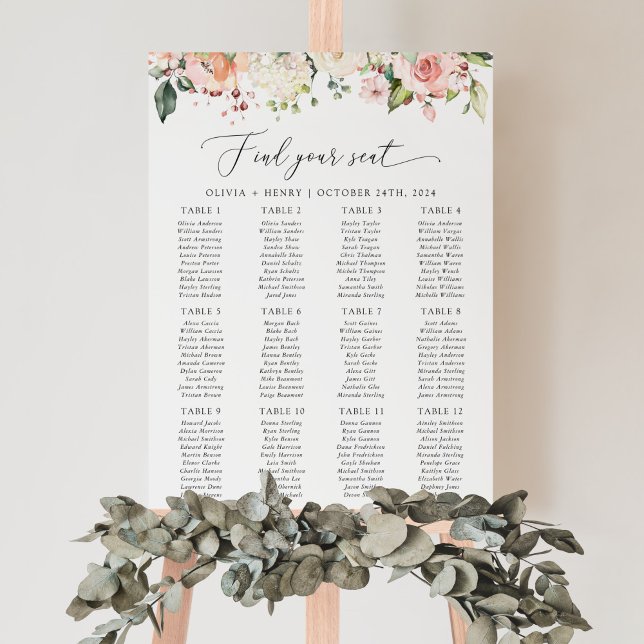 Rosa blommor, vita blommor, bröllopsplatskarta poster (Skapare uppladdad)