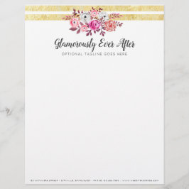 Rosa blommotiv & förgylld glamör vattenfärg modern brevhuvud