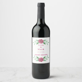 Rosa Blommotiv Grönska Löv Bröllop Vinflaska Etikett