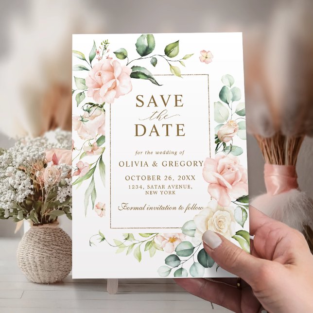 Rosa blommotiv med guldram "Save The Date" Spara Datumet (Skapare uppladdad)
