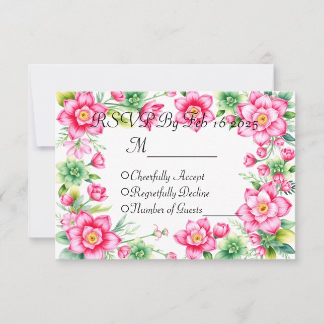 Rosa blommssvarskort utan måltidsalternativ OSA kort (Framsida)