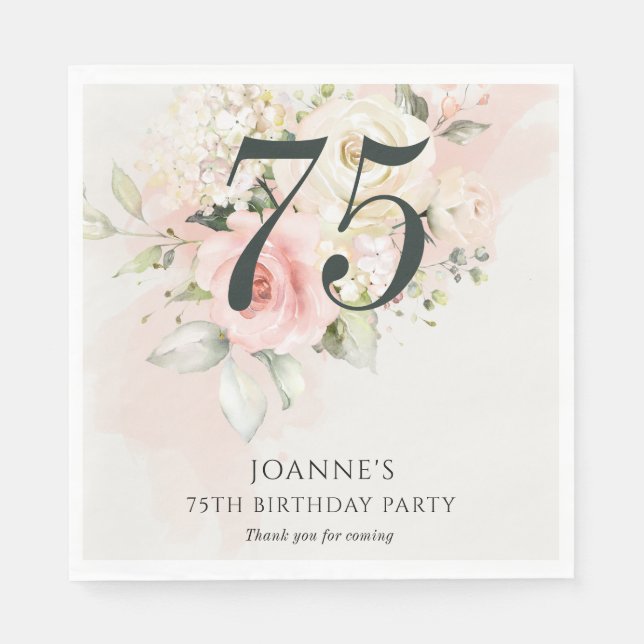 Rosa blomster 75-års födelsedagsfest Anpassad Pappersservett (Framsidan)