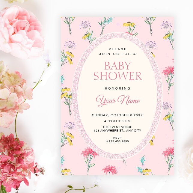 Rosa blomster baby shower inbjudningar (Skapare uppladdad)