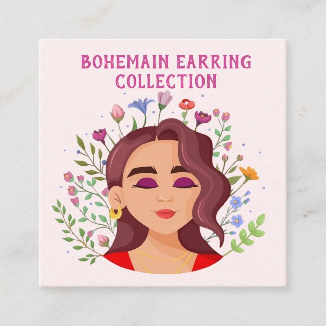 Rosa blomster boho illustration Örhänge Visningsko Fyrkantigt Visitkort (Framsida)