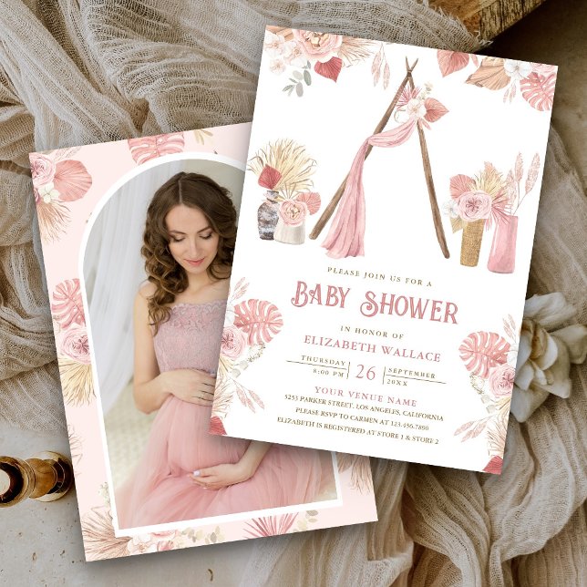 Rosa blomster boho strand arbor foto baby shower inbjudningar (Skapare uppladdad)