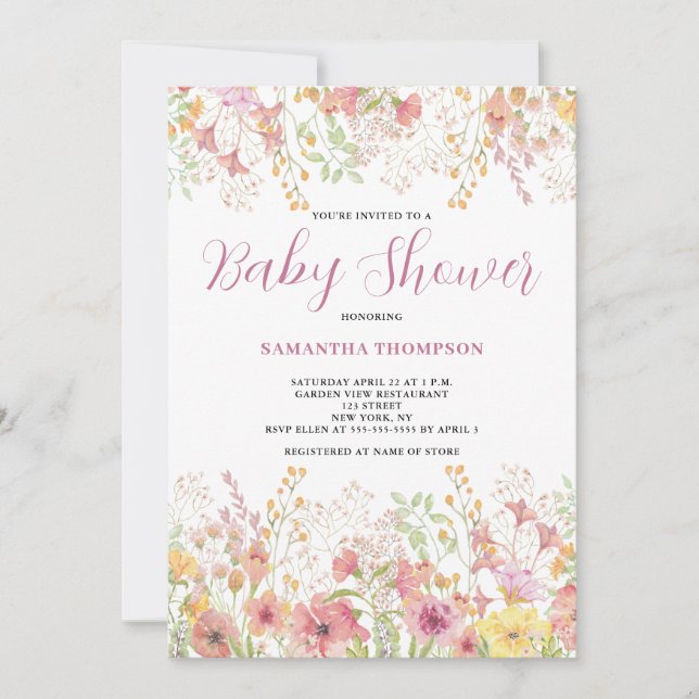 Rosa blomster botanisk baby shower inbjudan (Framsida)