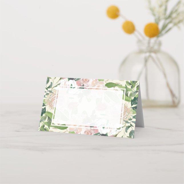 rosa blomster botaniska blad bröllop plats kort (Framsida)