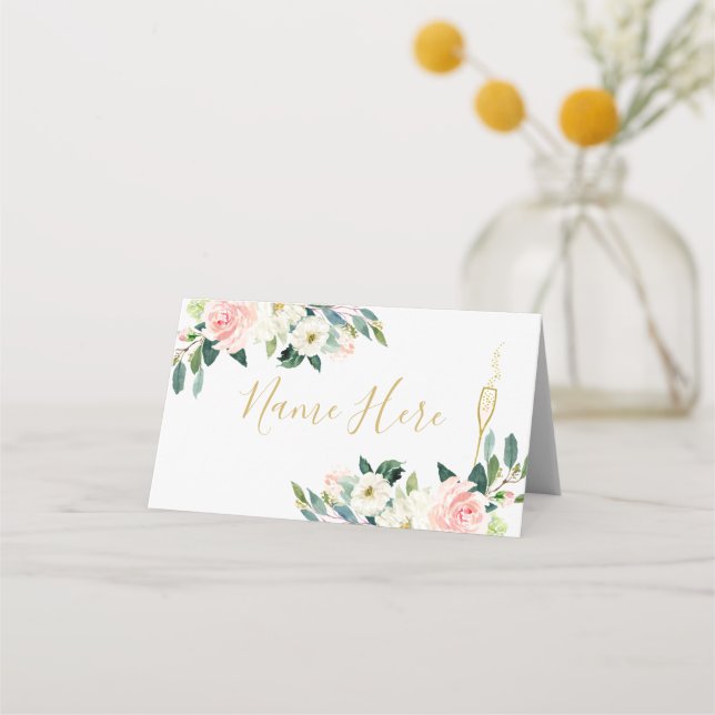 Rosa blomster champagneglas vikt platskort placeringskort (Framsida)