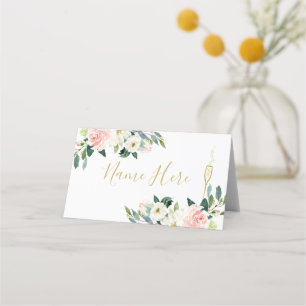 Rosa blomster champagneglas vikt platskort placeringskort