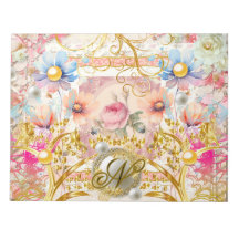 Rosa blomster collage ängsglad guld fågel monogram