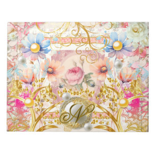 Rosa blomster collage ängsglad guld fågel monogram anteckningsblock