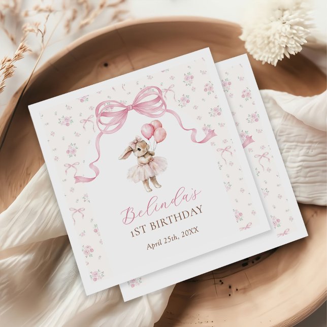 Rosa blomster Coquette Bow Kanin 1-årsdag Pappersservett (Skapare uppladdad)