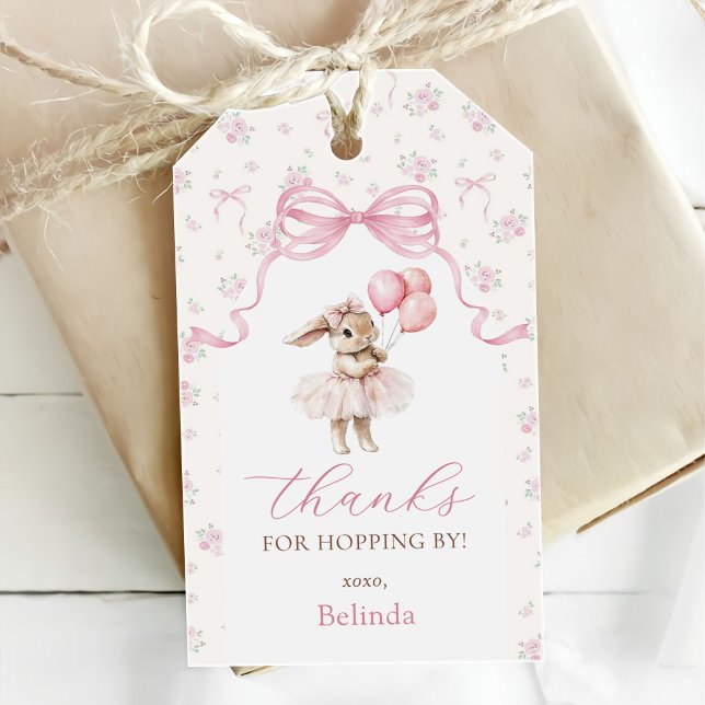 Rosa blomster Coquette Bow Kanin 1-årsdag Presentetikett (Skapare uppladdad)