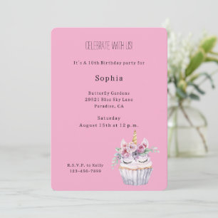 Rosa blomster Cupcake Enhörning Födelsedag Inbjudningar