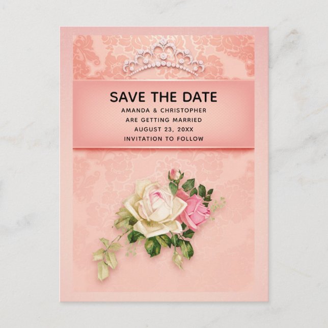 Rosa blomster & Diamanttiara Prinsessa Bröllop Inbjudan Vykort (Framsida)