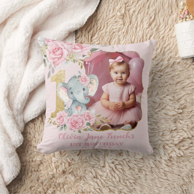 Rosa blomster elefant 1-års present för foto kudde (Filt)