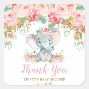 Rosa blomster elefant baby shower flicka presenter fyrkantigt klistermärke