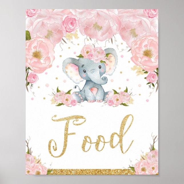 Rosa blomster elefant Baby Shower matsign dekorati Poster (Framsidan)