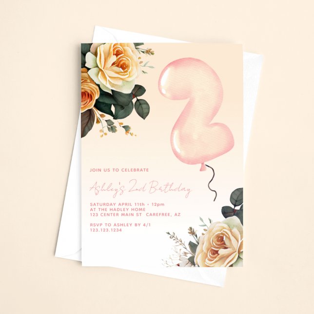 Rosa blomster elegant 2-års födelsedag inbjudningar (Skapare uppladdad)