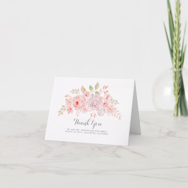 Rosa blomster elegant bröllopstack tack kort (Framsida)