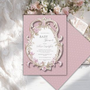 Rosa blomster elegant guld ram baby shower inbjudningar