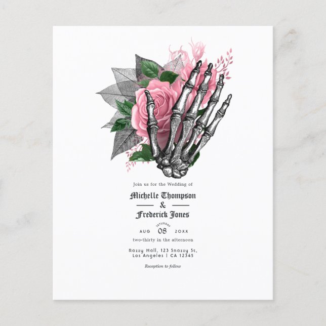 Rosa blomster gotiskt bröllopsinbjudan flygblad (Framsidan)