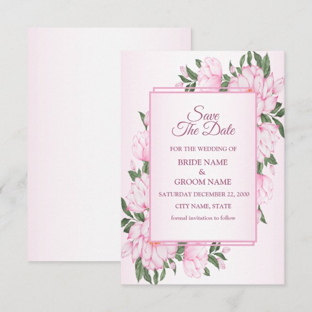 Rosa blomster gröna blad ram elegant bröllop spara datumet (Fram/baksida)