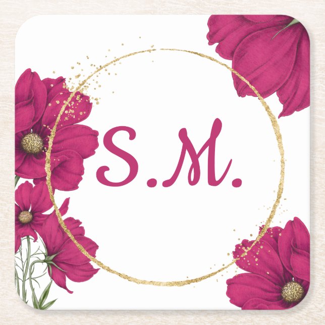 Rosa blomster guldkrets coaster underlägg papper kvadrat (Framsidan)