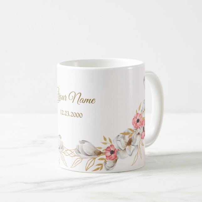 Rosa blomster guldpäron modern bröllopsgåva kaffemugg (Framsida höger)