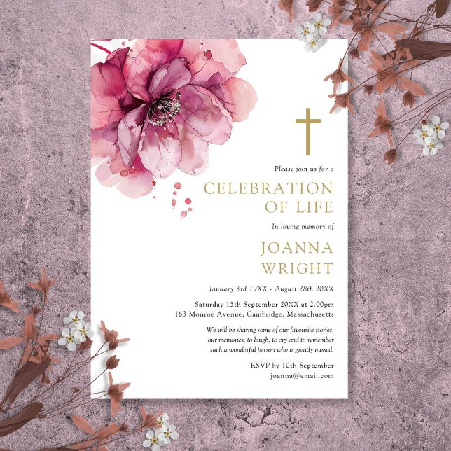 Rosa blomster kristen firande av livets slutskede  inbjudningar (Pink Floral Christian Celebration Of Life Funeral Invitation)