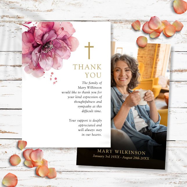 Rosa blomster kristet minnes- begravningsfoto tack kort (Pink Floral Christian Memorial Funeral Photo Thank You Card)