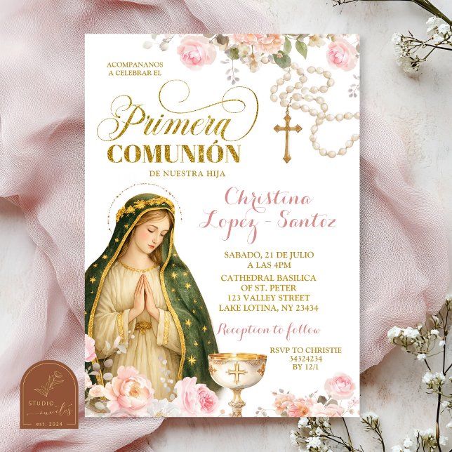 Rosa blomster Lady of Guadalupe Primera Comunion I Inbjudningar (Skapare uppladdad)