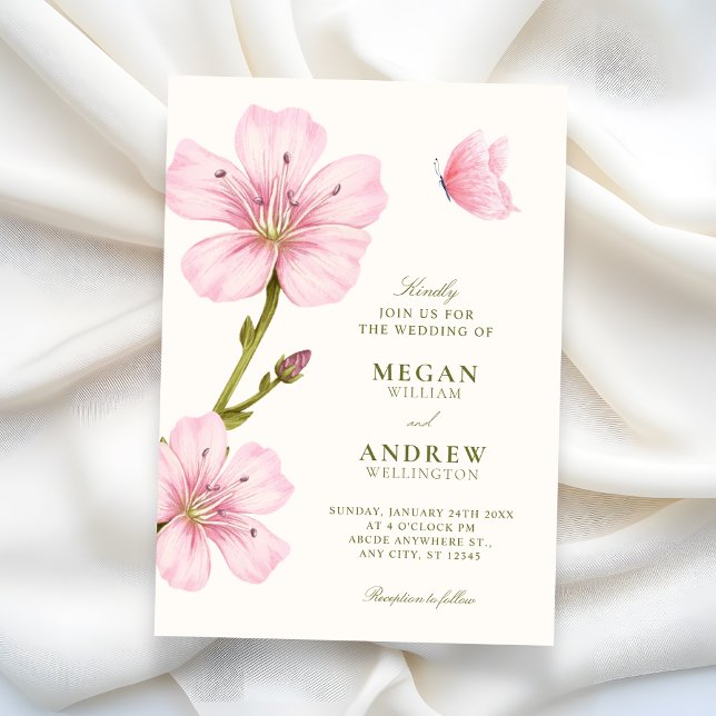 Rosa blomster minimalistisk elegant bröllop inbjudningar (Skapare uppladdad)